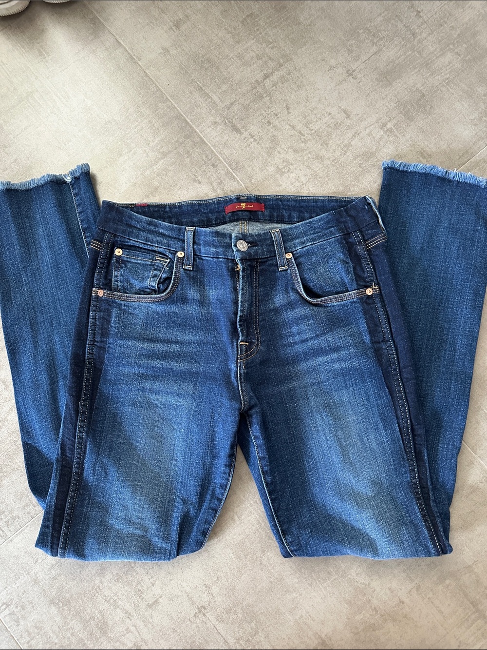 7 For All Mankind Women's Straight Leg Jeans in Deep Blue Denim with Faded Wash